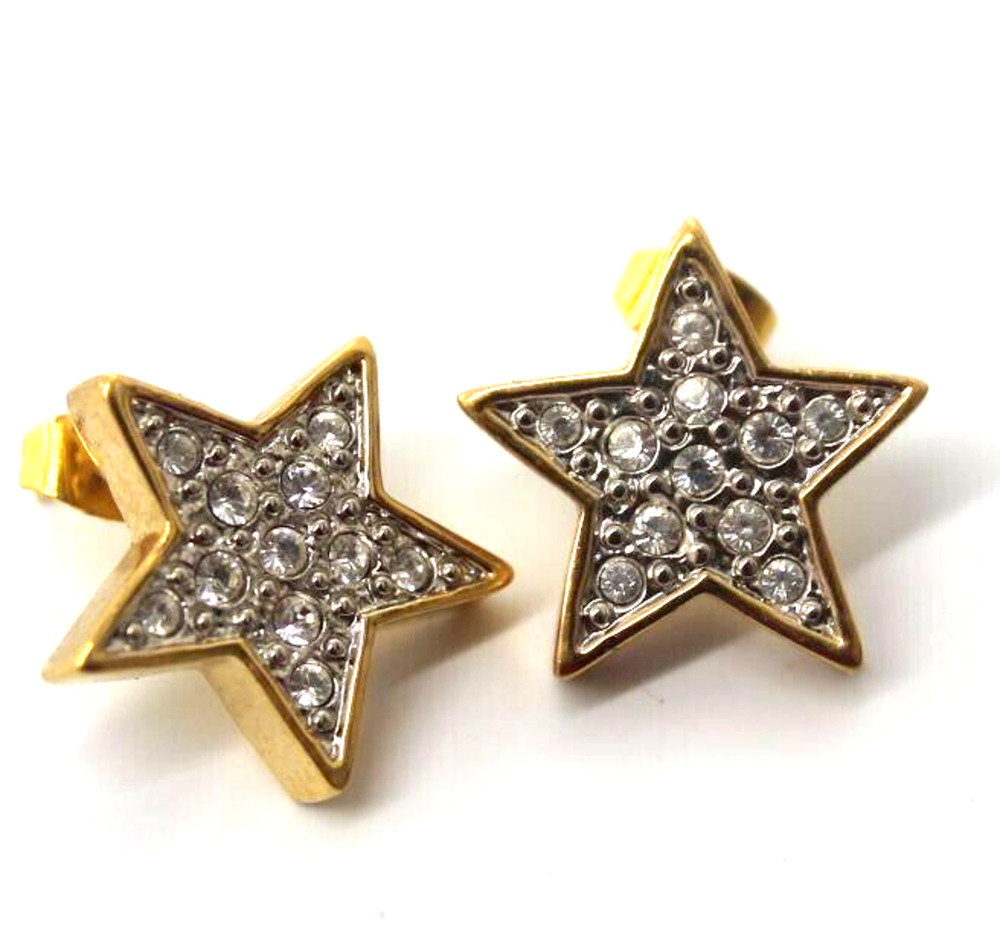 Rhinestone Studded Gold Tone Five-Point Star Pierced Earrings • 3/4"